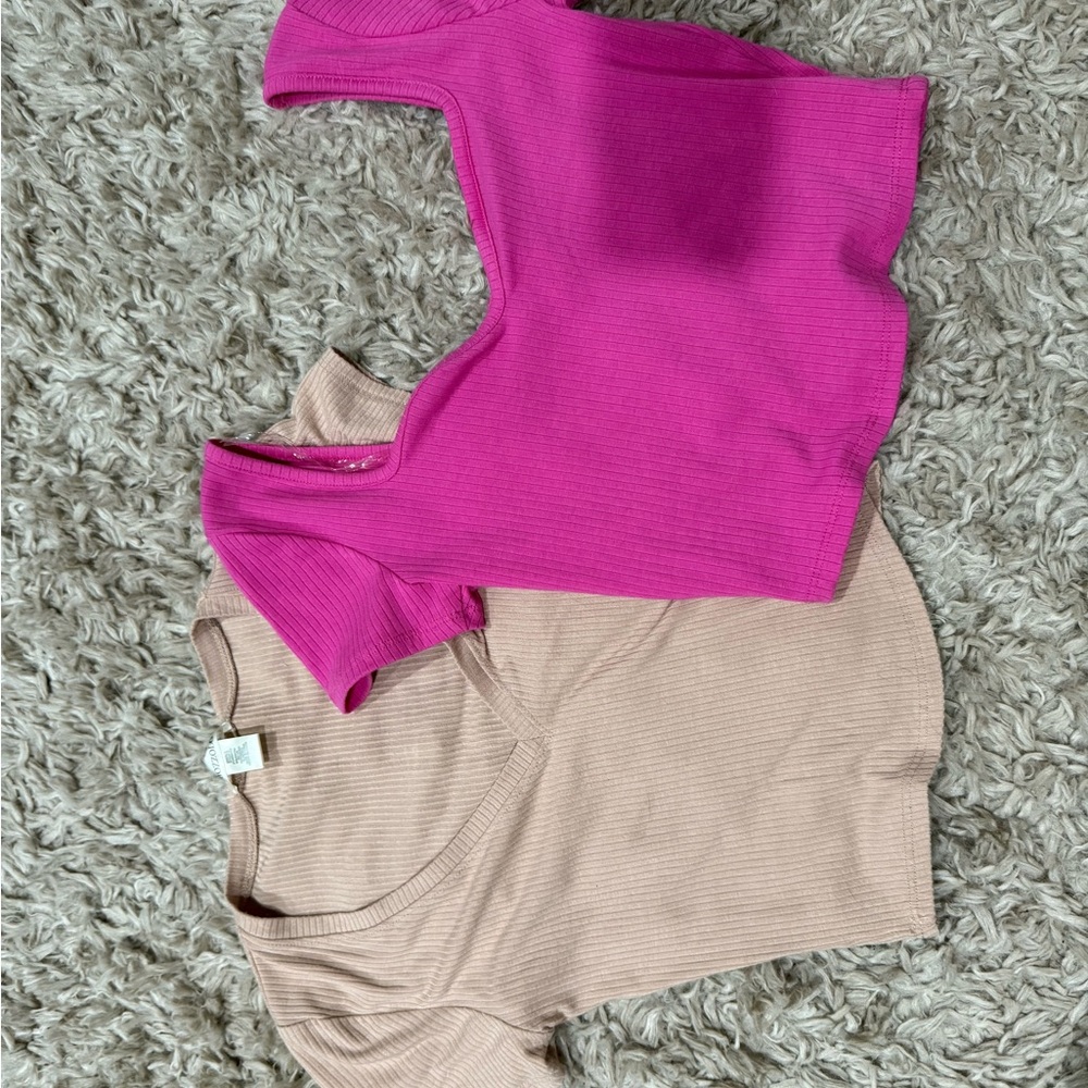 Pink and Tan Ribbed Crop Tops